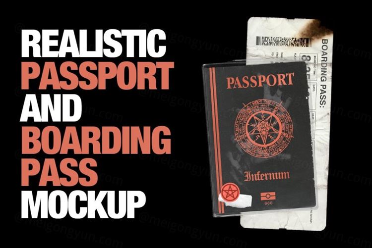 复古仿旧设计护照机票设计贴图样机PSD模板 Passport And Boarding Pass Mockup