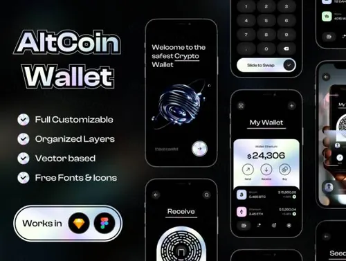 深色镀铬渐变比特币虚拟货币数字钱包移动APP界面UI素材 Crypto