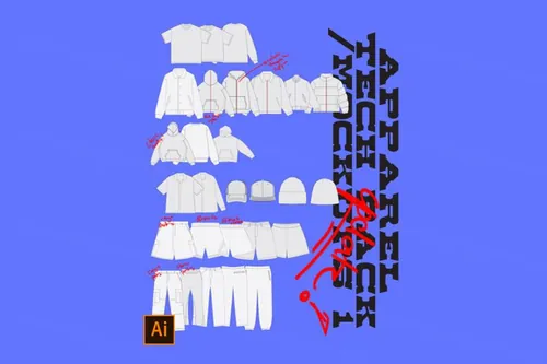 街头潮牌服饰T恤工装裤连帽衫帽子基础款纸样打样AI矢量模板素