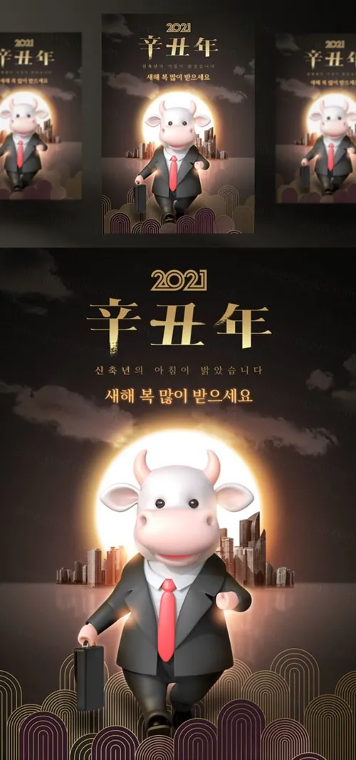 2021年3D卡通和中国传统复古风格结合新年元旦牛年辛丑年海报PSD模板