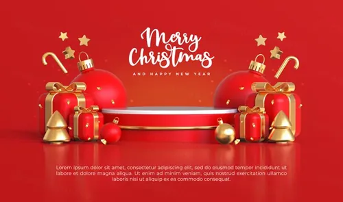 圣诞节新年快乐3D元素装饰红色背景节日促销海报PSD模板