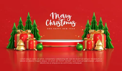 圣诞节新年快乐3D元素装饰红色背景节日促销海报PSD模板
