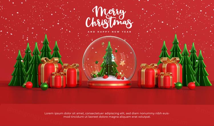 圣诞节新年快乐3D元素装饰红色背景节日促销海报PSD模板