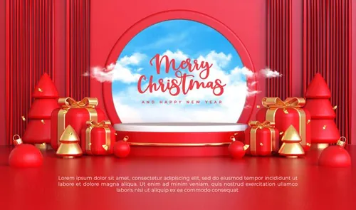 圣诞节新年快乐3D元素装饰红色背景节日促销海报PSD模板