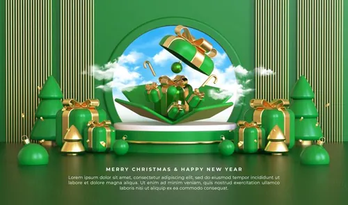 圣诞节新年快乐3D元素装饰绿色背景节日促销海报PSD模板