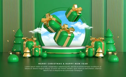 圣诞节新年快乐3D元素装饰绿色背景节日促销海报PSD模板