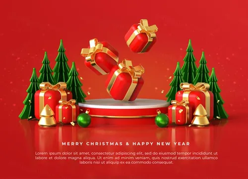圣诞节新年快乐3D元素装饰红色背景节日促销海报PSD模板
