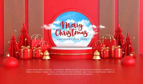 圣诞节新年快乐3D元素装饰红色背景节日促销海报PSD模板