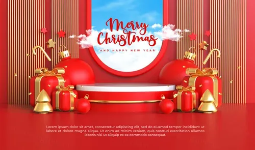 圣诞节新年快乐3D元素装饰红色背景节日促销海报PSD模板