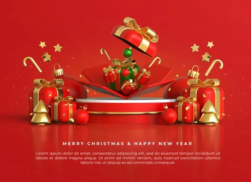 圣诞节新年快乐3D元素装饰红色背景节日促销海报PSD模板