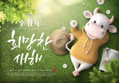 2021年3D卡通和中国传统复古风格结合新年元旦牛年辛丑年海报PSD模板