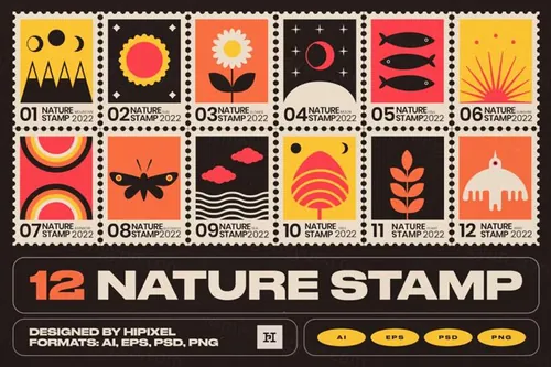 12张大自然复古邮票插图素材 Nature Stamps