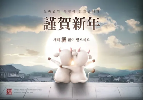 2021年3D卡通和中国传统复古风格结合新年元旦牛年辛丑年海报PSD模板