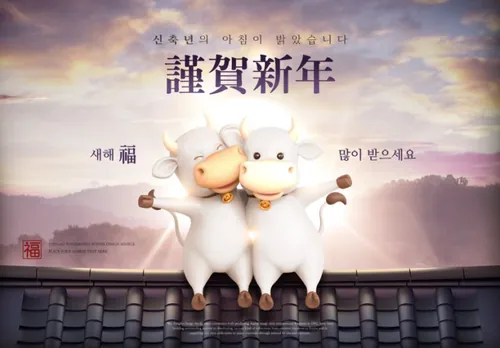 2021年3D卡通和中国传统复古风格结合新年元旦牛年辛丑年海报PSD模板