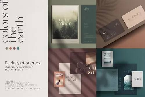 优雅的极简主义名片A4纸文具品牌设计样机模板 Colors