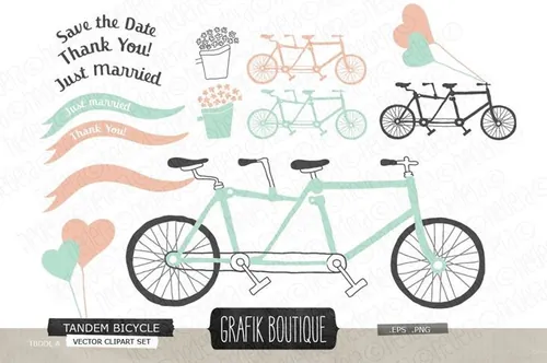 手绘自行车设计素材包Tandem bicycle hearts balloons