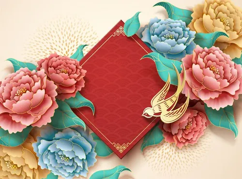 农历新年剪纸艺术祥云牡丹燕子装饰中国风元素新年传统横幅矢量金色背景素材