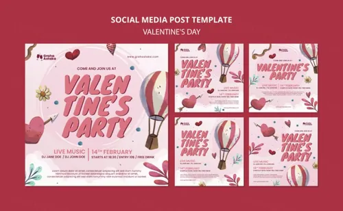 手绘浪漫的粉红系七夕520情人节海报PSD模板素材 Valentine\'s day party
