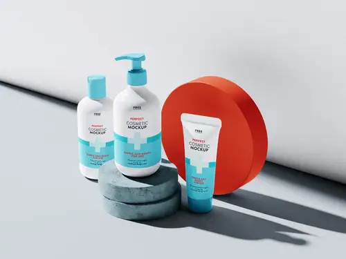 美容护肤品洗浴用品包装设计贴图样机模板 Set of Cosmetics Mockup 样