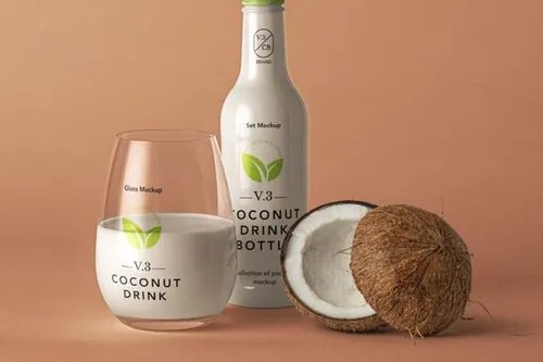 一款功能多样的新鲜饮料风格psd瓶样机 Coconut Drink Psd Bottle Mockup