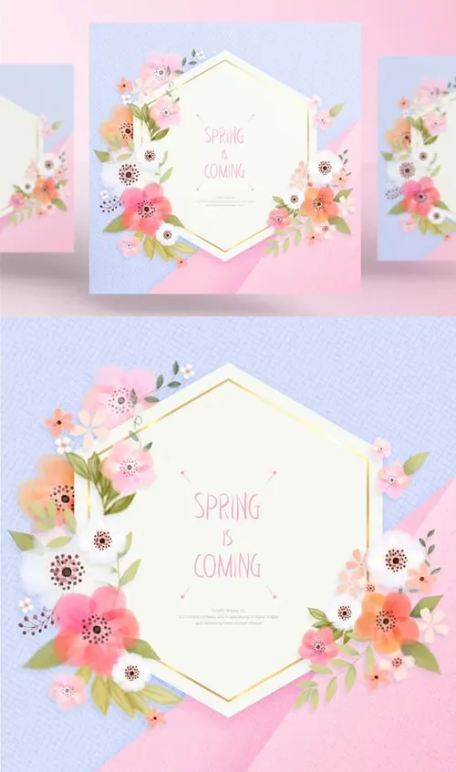 Spring is coming 美丽的春季六边形金色花卉花环花边PSD分层素材 ti156a7701