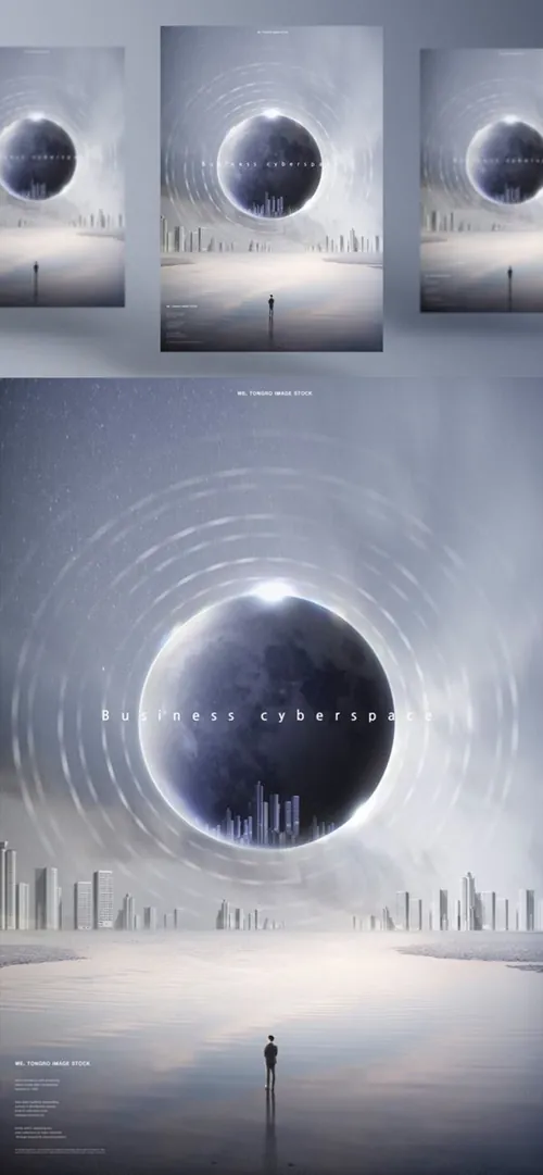商业3D虚拟空间概念未来科技CG合成海报PSD模板 Business Cyberspace
