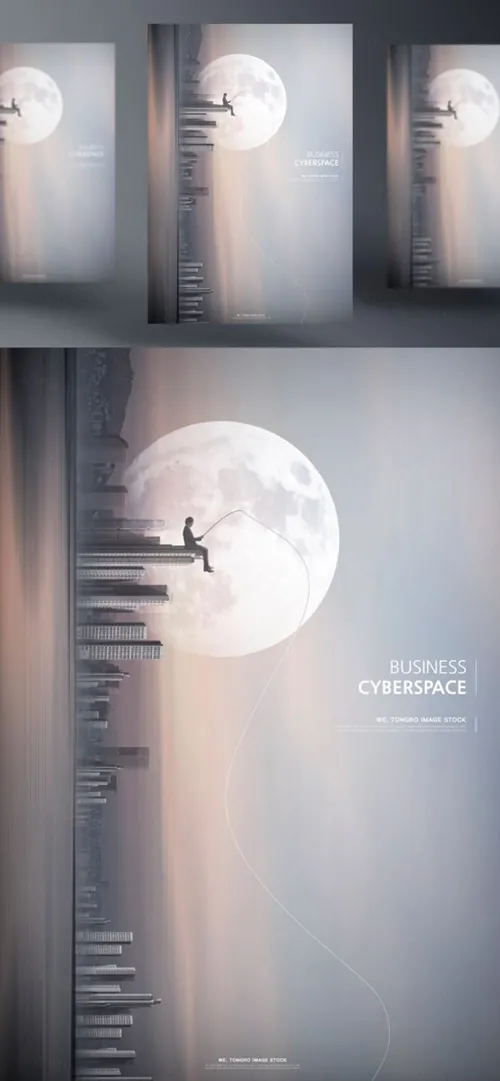 商业3D虚拟空间概念未来科技CG合成海报PSD模板 Business Cyberspace