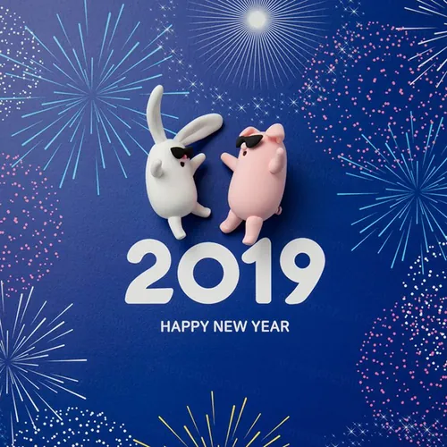 超酷2019星空烟花新年快乐猪猪侠和兔子高清素材