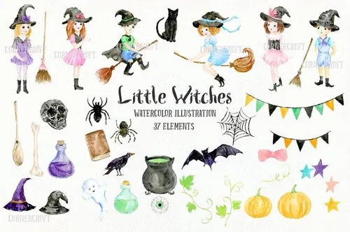 手绘水彩小女巫设计素材 Little-Witches-Des