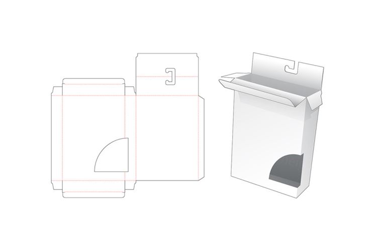 带吊孔和曲线窗口的包装盒切图刀模图EPS矢量模板 Packaging box window template
