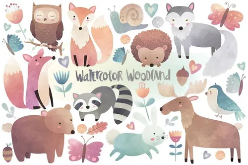 手绘水彩动物设计素材Watercolor Woodland Animals Clipart