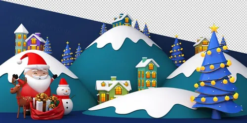 圣诞节3D渲染卡通可爱新年快乐场景PSD分层插画素材 Merry christmas happy new year