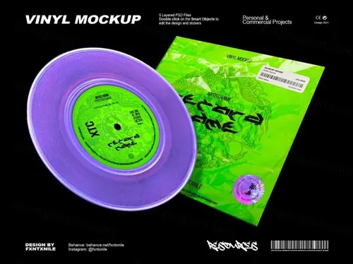 复古老物件乙烯基黑胶唱片酸性艺术音乐封面设计提案样机模板 Vinyl Mockup