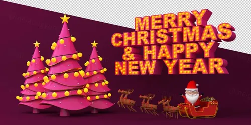 圣诞节3D渲染卡通可爱新年快乐场景PSD分层插画素材 Merry christmas happy new year