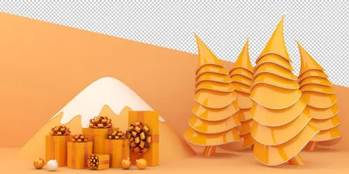 圣诞节3D渲染卡通可爱新年快乐场景PSD分层插画素材 Merry christmas happy new year