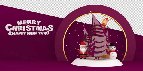 圣诞节3D渲染卡通可爱新年快乐场景PSD分层插画素材 Merry christmas happy new year