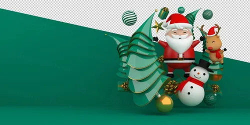 圣诞节3D渲染卡通可爱新年快乐场景PSD分层插画素材 Merry christmas happy new year