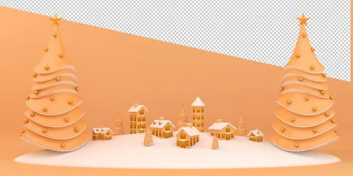 圣诞节3D渲染卡通可爱新年快乐场景PSD分层插画素材 Merry christmas happy new year