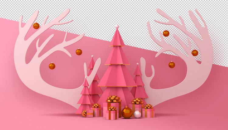 圣诞节3D渲染卡通可爱新年快乐场景PSD分层插画素材 Merry christmas happy new year