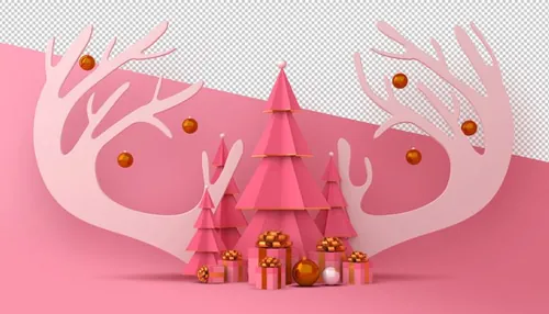 圣诞节3D渲染卡通可爱新年快乐场景PSD分层插画素材 Merry christmas happy new year