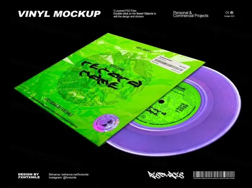 复古老物件乙烯基黑胶唱片酸性艺术音乐封面设计提案样机模板 Vinyl Mockup