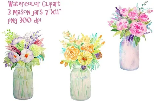 手绘水彩花瓶花卉设计素材Watercolor Mason Jar Flower
