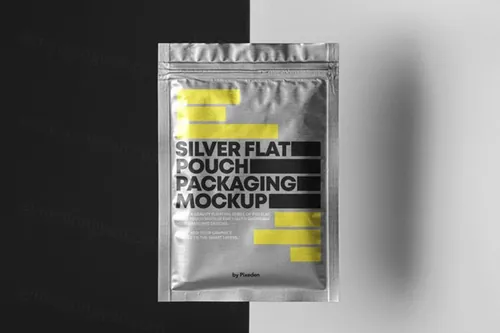 金属包装风格的重力式psd自封袋样机 Flat Psd Pouch Packaging Mockup