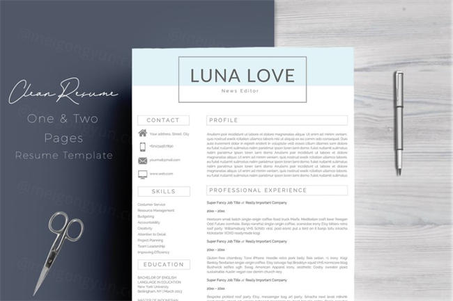 干净的简历模板 Clean Resume Template 4 Pages