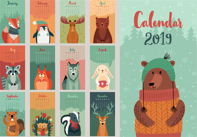 年可爱手绘森林动物矢量日历模版
