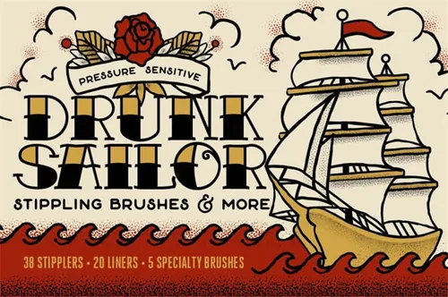 复古老派艺术粗糙半色调打印效果矢量AI笔刷 Drunk Sailor