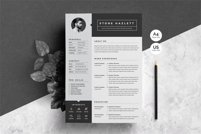 高端黑白简历模板 Resume CV Template 2 Pages