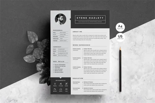 高端黑白简历模板 Resume CV Template 2 Pages
