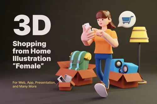 三维渲染在线购物手机支付的女性角色3D插画素材 3D Sho