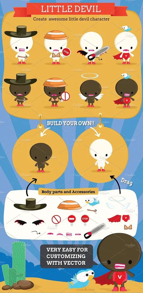 独特的卡通小恶魔矢量素材Little Devil kit